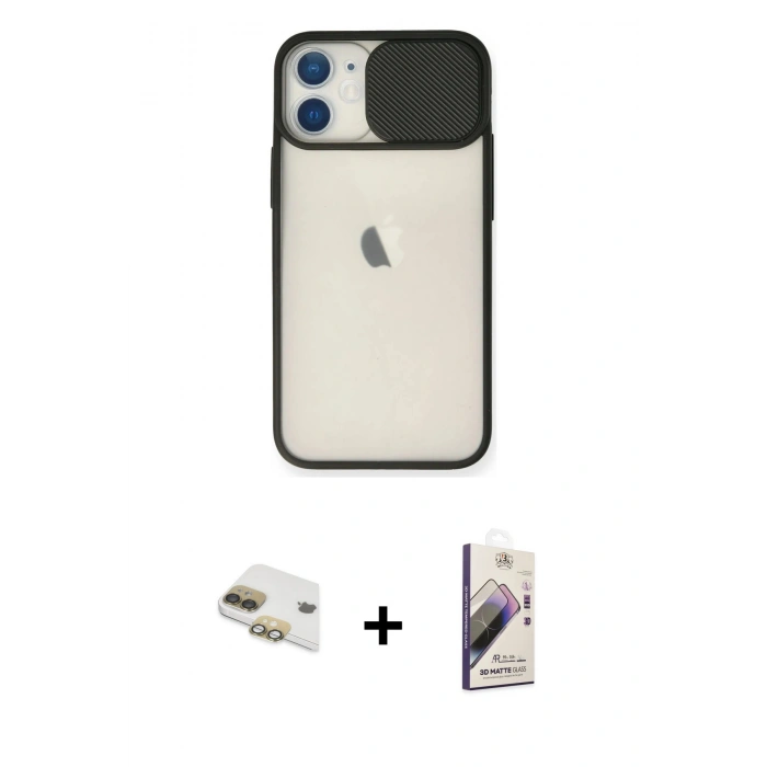 MARSİLYAN™- iPhone 11 Kılıf Vadi Çizgi - Siyah Bilvis 3D Mat Cam Ekran Koruyucu + Pers Alüminyum Kamera Lens - GD