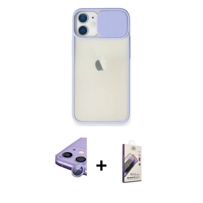 MARSİLYAN™- iPhone 11 Kılıf Vadi Çizgi - Siyah Bilvis 3D Mat Cam Ekran Koruyucu + Raze Metal Kamera Lens - MR