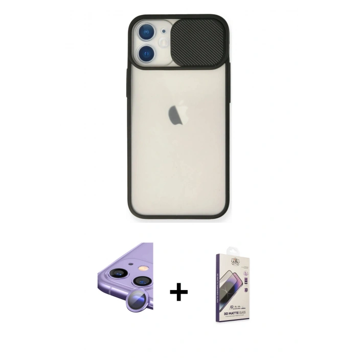 MARSİLYAN™- iPhone 11 Kılıf Vadi Çizgi - Siyah Bilvis 3D Mat Cam Ekran Koruyucu + Raze Metal Kamera Lens - MR