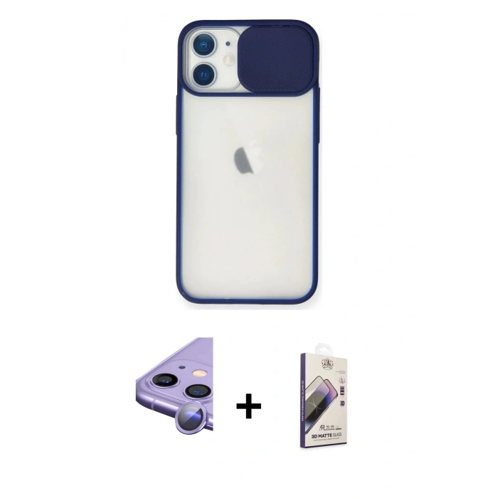 MARSİLYAN™- iPhone 11 Kılıf Vadi Çizgi - Siyah Bilvis 3D Mat Cam Ekran Koruyucu + Raze Metal Kamera Lens - MR