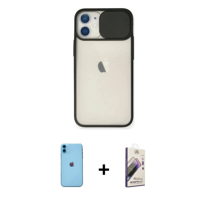 MARSİLYAN™- iPhone 11 Kılıf Vadi Çizgi - Siyah Bilvis 3D Mat Cam Ekran Koruyucu + Neon Fosforlu Kamera Lens - MI