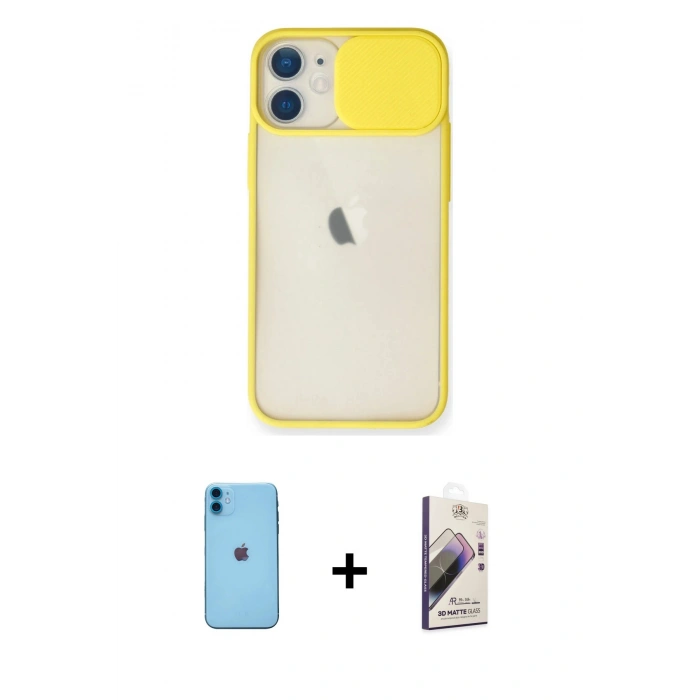 MARSİLYAN™- iPhone 11 Kılıf Vadi Çizgi - Siyah Bilvis 3D Mat Cam Ekran Koruyucu + Neon Fosforlu Kamera Lens - MI
