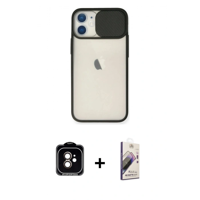 MARSİLYAN™- iPhone 11 Kılıf Vadi Çizgi - Siyah Bilvis 3D Mat Cam Ekran Koruyucu + PVD Metal Kamera Lens - TU