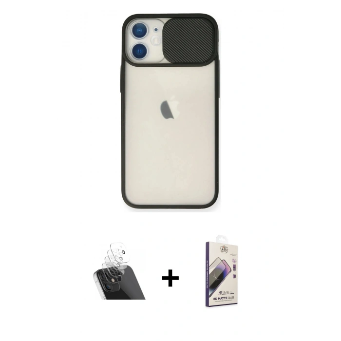 MARSİLYAN™- iPhone 11 Kılıf Vadi Çizgi - Siyah Bilvis 3D Mat Cam Ekran Koruyucu + Kamera Lens Koruma Cam - SF