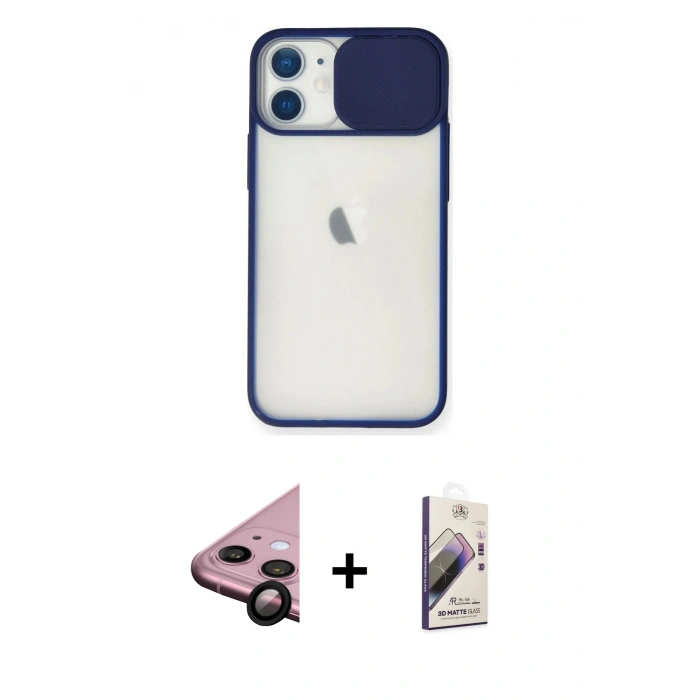 MARSİLYAN™- iPhone 11 Kılıf Vadi Çizgi - Siyah Bilvis 3D Mat Cam Ekran Koruyucu + Raze Metal Kamera Lens - SH