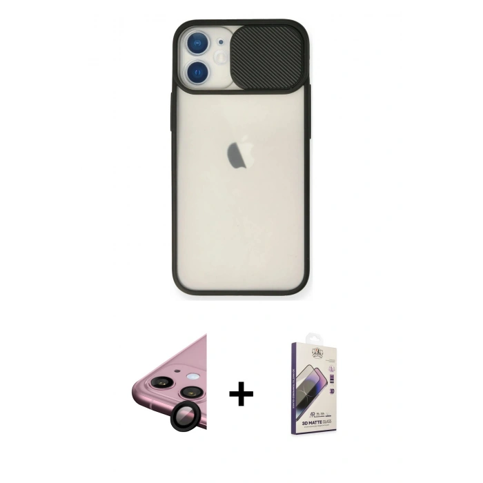 MARSİLYAN™- iPhone 11 Kılıf Vadi Çizgi - Siyah Bilvis 3D Mat Cam Ekran Koruyucu + Raze Metal Kamera Lens - SH