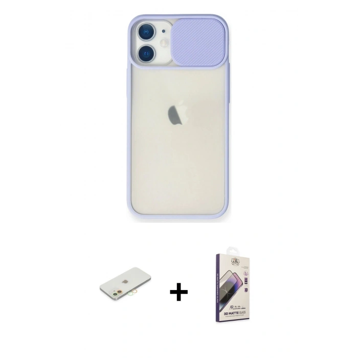 MARSİLYAN™- iPhone 11 Kılıf Vadi Çizgi - Siyah Bilvis 3D Mat Cam Ekran Koruyucu + Renkli Kamera Lens Koruma Cam - TU
