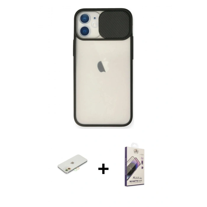 MARSİLYAN™- iPhone 11 Kılıf Vadi Çizgi - Siyah Bilvis 3D Mat Cam Ekran Koruyucu + Renkli Kamera Lens Koruma Cam - TU