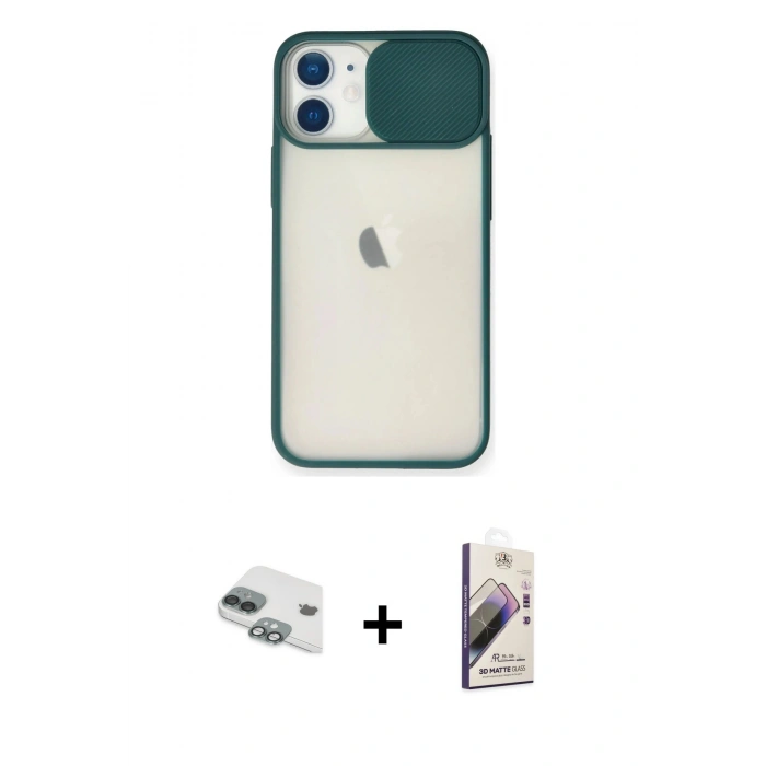 MARSİLYAN™- iPhone 11 Kılıf Vadi Çizgi - Siyah Bilvis 3D Mat Cam Ekran Koruyucu + Yeşil Pers Alüminyum Kamera Lens