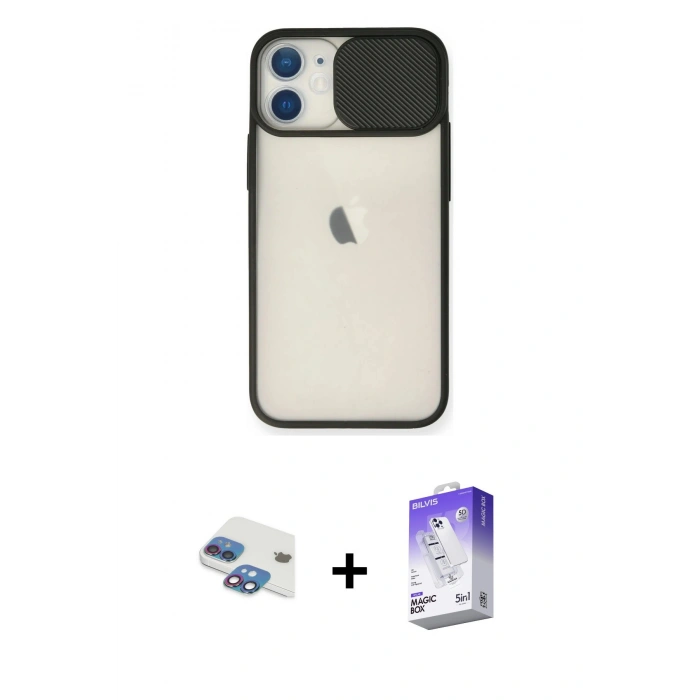 MARSİLYAN™- iPhone 11 Kılıf Vadi Çizgi - Siyah Bilvis 5in1 3D Magic Cam Ekran Koruyucu + Gökkuşağı Pers Alüminyum Kamera Lens
