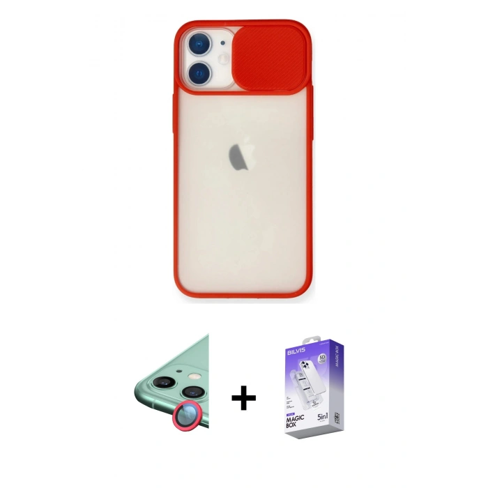 MARSİLYAN™- iPhone 11 Kılıf Vadi Çizgi - Siyah Bilvis 5in1 3D Magic Cam Ekran Koruyucu + Kırmızı Raze Metal Kamera Lens