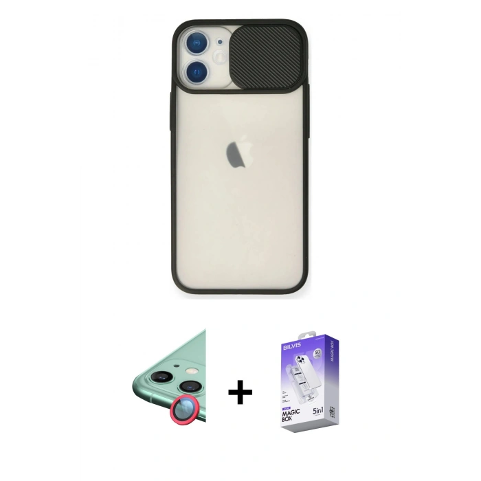 MARSİLYAN™- iPhone 11 Kılıf Vadi Çizgi - Siyah Bilvis 5in1 3D Magic Cam Ekran Koruyucu + Kırmızı Raze Metal Kamera Lens