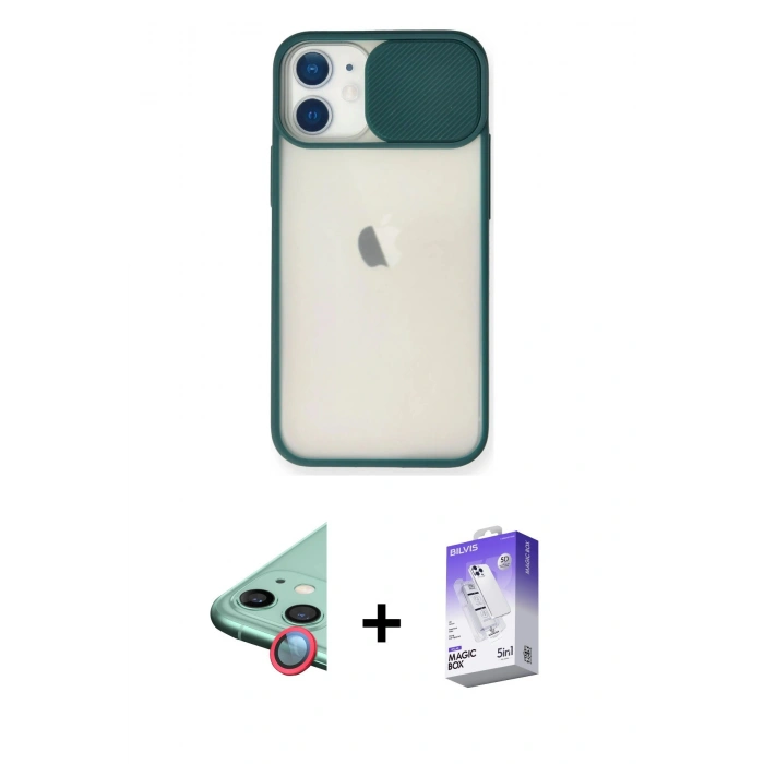 MARSİLYAN™- iPhone 11 Kılıf Vadi Çizgi - Siyah Bilvis 5in1 3D Magic Cam Ekran Koruyucu + Kırmızı Raze Metal Kamera Lens
