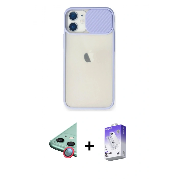 MARSİLYAN™- iPhone 11 Kılıf Vadi Çizgi - Siyah Bilvis 5in1 3D Magic Cam Ekran Koruyucu + Kırmızı Raze Metal Kamera Lens