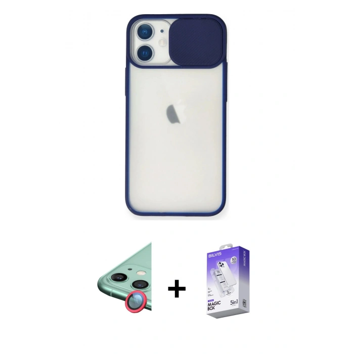 MARSİLYAN™- iPhone 11 Kılıf Vadi Çizgi - Siyah Bilvis 5in1 3D Magic Cam Ekran Koruyucu + Kırmızı Raze Metal Kamera Lens