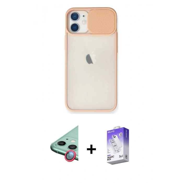 MARSİLYAN™- iPhone 11 Kılıf Vadi Çizgi - Siyah Bilvis 5in1 3D Magic Cam Ekran Koruyucu + Kırmızı Raze Metal Kamera Lens
