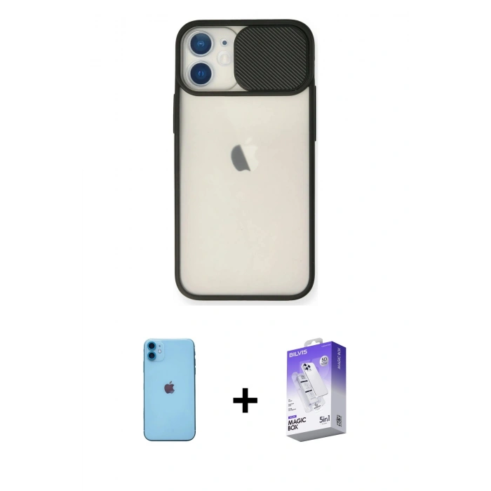 MARSİLYAN™- iPhone 11 Kılıf Vadi Çizgi - Siyah Bilvis 5in1 3D Magic Cam Ekran Koruyucu + Mavi Neon Fosforlu Kamera Lens