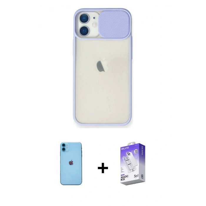 MARSİLYAN™- iPhone 11 Kılıf Vadi Çizgi - Siyah Bilvis 5in1 3D Magic Cam Ekran Koruyucu + Mavi Neon Fosforlu Kamera Lens