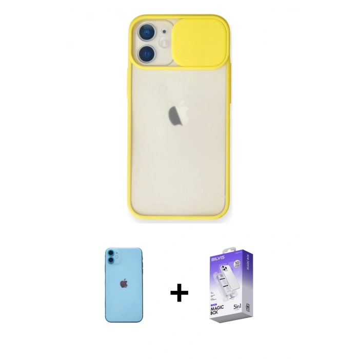 MARSİLYAN™- iPhone 11 Kılıf Vadi Çizgi - Siyah Bilvis 5in1 3D Magic Cam Ekran Koruyucu + Mavi Neon Fosforlu Kamera Lens