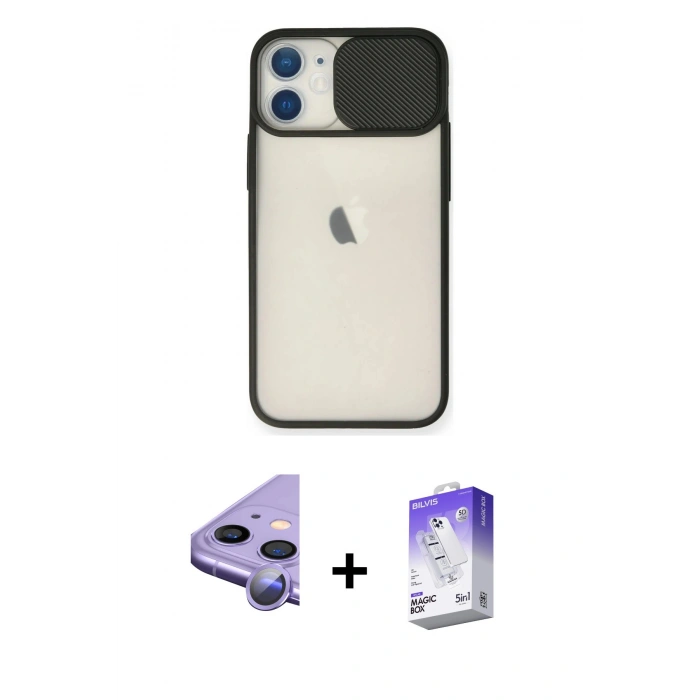 MARSİLYAN™- iPhone 11 Kılıf Vadi Çizgi - Siyah Bilvis 5in1 3D Magic Cam Ekran Koruyucu + Raze Metal Kamera Lens - MR