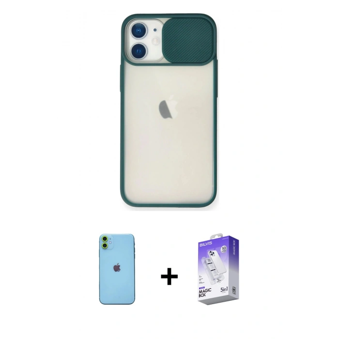 MARSİLYAN™- iPhone 11 Kılıf Vadi Çizgi - Siyah Bilvis 5in1 3D Magic Cam Ekran Koruyucu + Neon Fosforlu Kamera Lens - YL