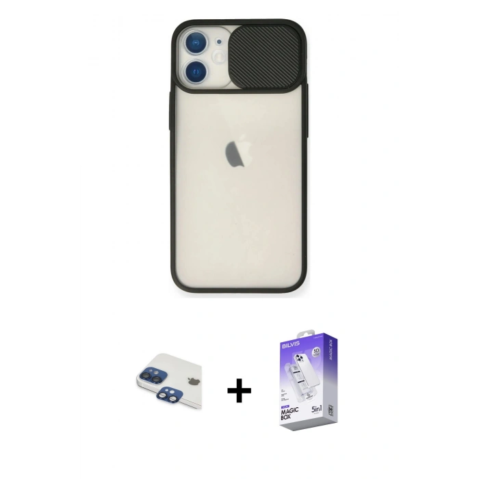 MARSİLYAN™- iPhone 11 Kılıf Vadi Çizgi - Siyah Bilvis 5in1 3D Magic Cam Ekran Koruyucu + Pers Alüminyum Kamera Lens - LT