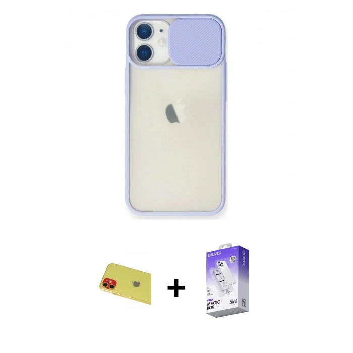 MARSİLYAN™- iPhone 11 Kılıf Vadi Çizgi - Siyah Bilvis 5in1 3D Magic Cam Ekran Koruyucu + Rainbow Kamera Lens Koruma Cam - KI