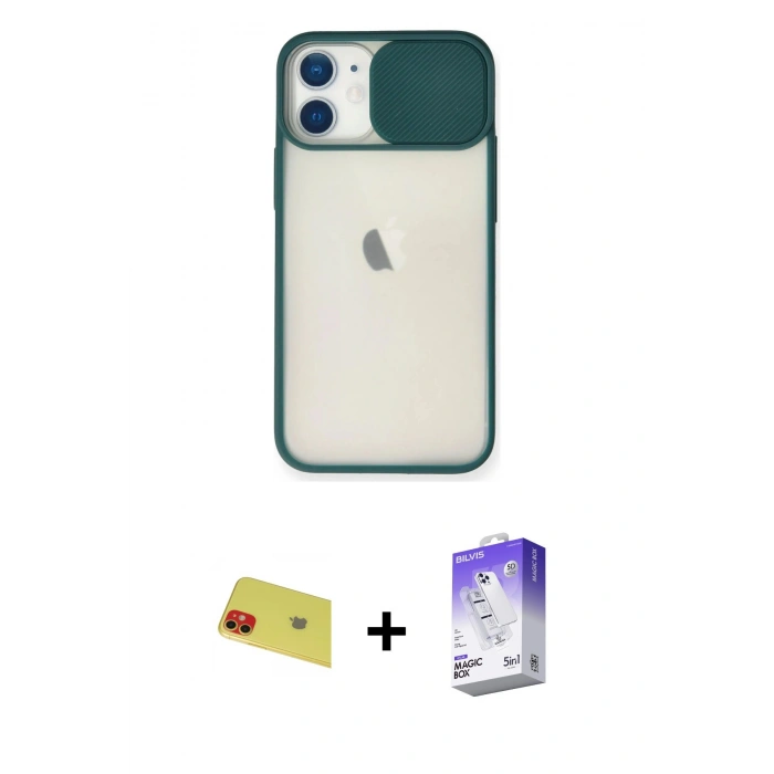 MARSİLYAN™- iPhone 11 Kılıf Vadi Çizgi - Siyah Bilvis 5in1 3D Magic Cam Ekran Koruyucu + Rainbow Kamera Lens Koruma Cam - KI
