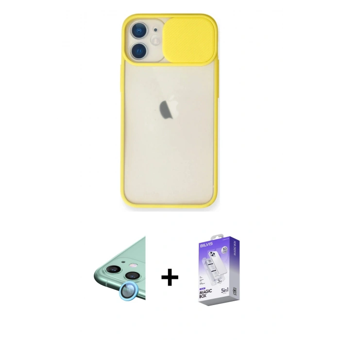 MARSİLYAN™- iPhone 11 Kılıf Vadi Çizgi - Siyah Bilvis 5in1 3D Magic Cam Ekran Koruyucu + Raze Metal Kamera Lens - MI