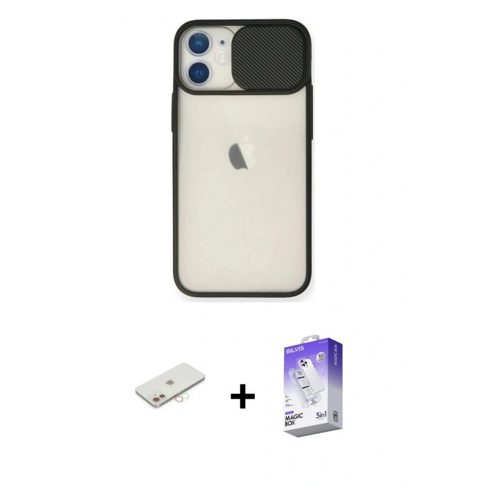 MARSİLYAN™- iPhone 11 Kılıf Vadi Çizgi - Siyah Bilvis 5in1 3D Magic Cam Ekran Koruyucu + Renkli Kamera Lens Koruma Cam - YL
