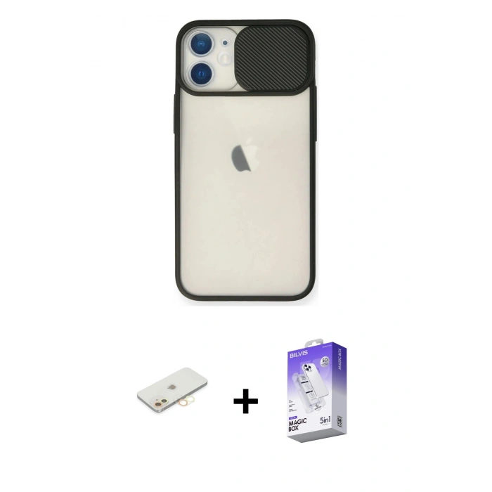 MARSİLYAN™- iPhone 11 Kılıf Vadi Çizgi - Siyah Bilvis 5in1 3D Magic Cam Ekran Koruyucu + Renkli Kamera Lens Koruma Cam - SI
