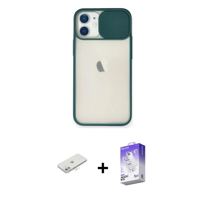 MARSİLYAN™- iPhone 11 Kılıf Vadi Çizgi - Siyah Bilvis 5in1 3D Magic Cam Ekran Koruyucu + Renkli Kamera Lens Koruma Cam - SI