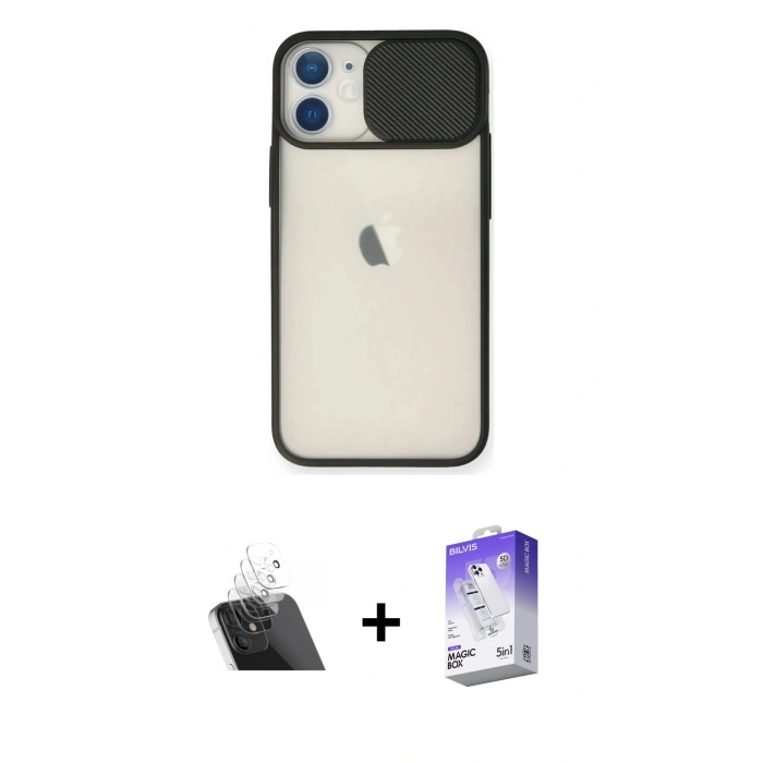 MARSİLYAN™- iPhone 11 Kılıf Vadi Çizgi - Siyah Bilvis 5in1 3D Magic Cam Ekran Koruyucu + Kamera Lens Koruma Cam - SF