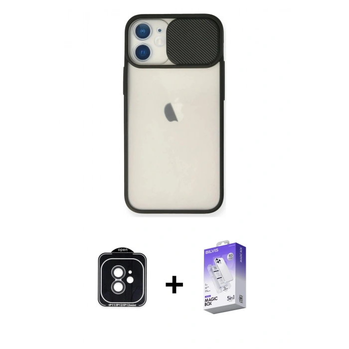 MARSİLYAN™- iPhone 11 Kılıf Vadi Çizgi - Siyah Bilvis 5in1 3D Magic Cam Ekran Koruyucu + PVD Metal Kamera Lens - SH