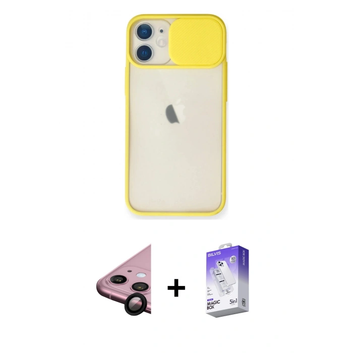 MARSİLYAN™- iPhone 11 Kılıf Vadi Çizgi - Siyah Bilvis 5in1 3D Magic Cam Ekran Koruyucu + Raze Metal Kamera Lens - SH