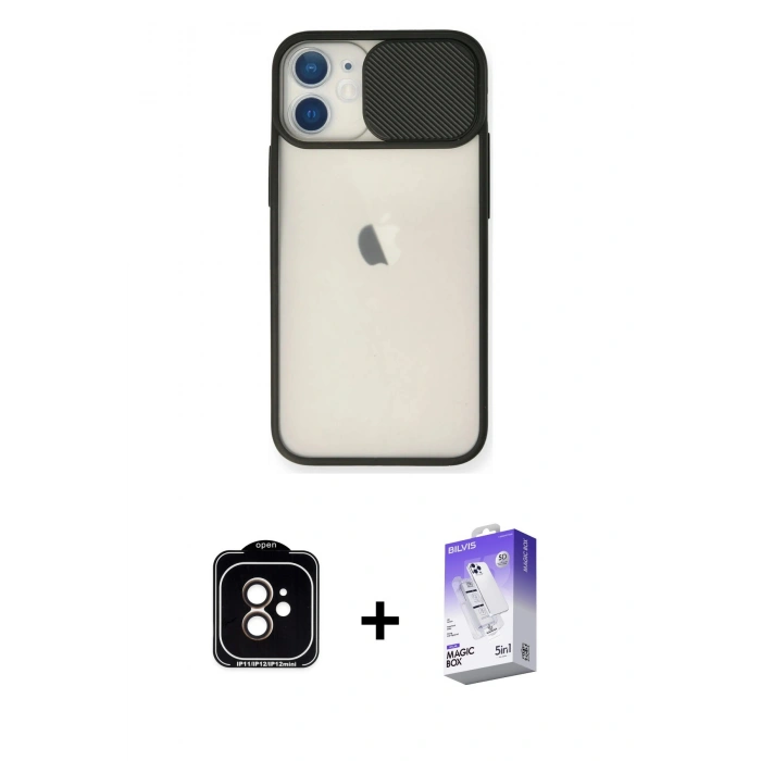 MARSİLYAN™- iPhone 11 Kılıf Vadi Çizgi - Siyah Bilvis 5in1 3D Magic Cam Ekran Koruyucu + PVD Metal Kamera Lens - TU