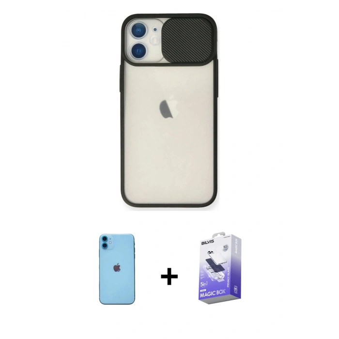 MARSİLYAN™- iPhone 11 Kılıf Vadi Çizgi - Siyah Bilvis 5in1 5D Magic Hayalet Cam Ekran Koruyucu + Neon Fosforlu Kamera Lens - MI