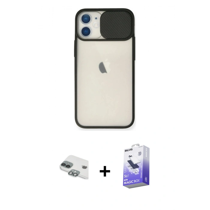 MARSİLYAN™- iPhone 11 Kılıf Vadi Çizgi - Siyah Bilvis 5in1 5D Magic Hayalet Cam Ekran Koruyucu + Pers Alüminyum Kamera Lens - YL