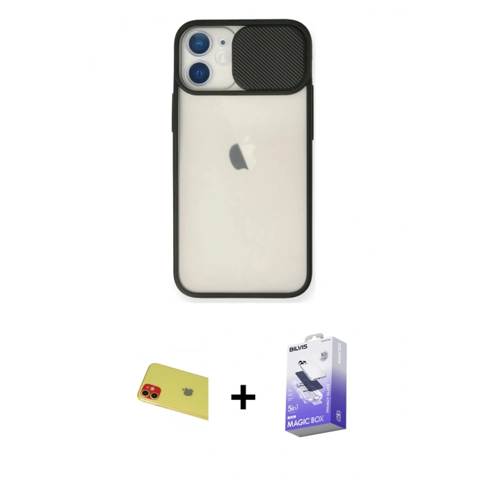 MARSİLYAN™- iPhone 11 Kılıf Vadi Çizgi - Siyah Bilvis 5in1 5D Magic Hayalet Cam Ekran Koruyucu + Rainbow Kamera Lens Koruma Cam - KI