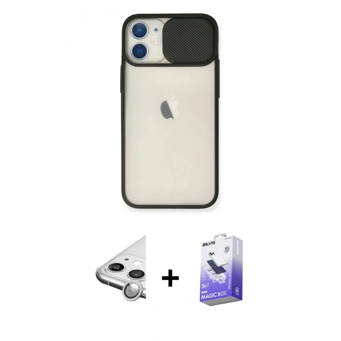 MARSİLYAN™- iPhone 11 Kılıf Vadi Çizgi - Siyah Bilvis 5in1 5D Magic Hayalet Cam Ekran Koruyucu + Raze Metal Kamera Lens - GS