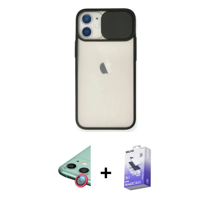 MARSİLYAN™- iPhone 11 Kılıf Vadi Çizgi - Siyah Bilvis 5in1 5D Magic Hayalet Cam Ekran Koruyucu + Raze Metal Kamera Lens - KI