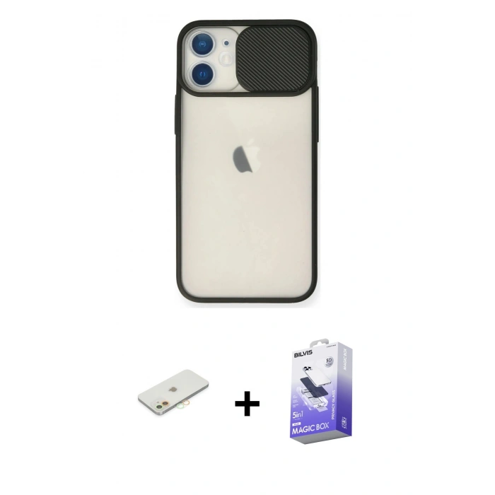 MARSİLYAN™- iPhone 11 Kılıf Vadi Çizgi - Siyah Bilvis 5in1 5D Magic Hayalet Cam Ekran Koruyucu + Renkli Kamera Lens Koruma Cam - TU