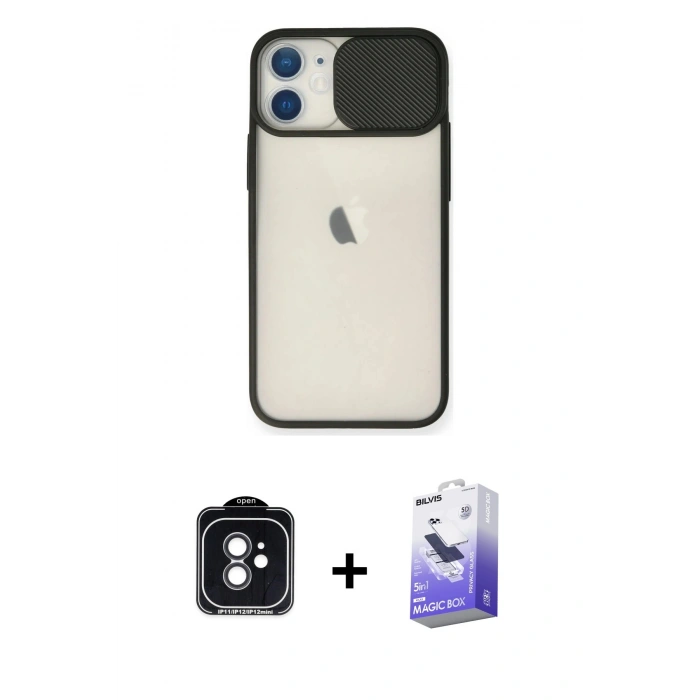 MARSİLYAN™- iPhone 11 Kılıf Vadi Çizgi - Siyah Bilvis 5in1 5D Magic Hayalet Cam Ekran Koruyucu + PVD Metal Kamera Lens - SH
