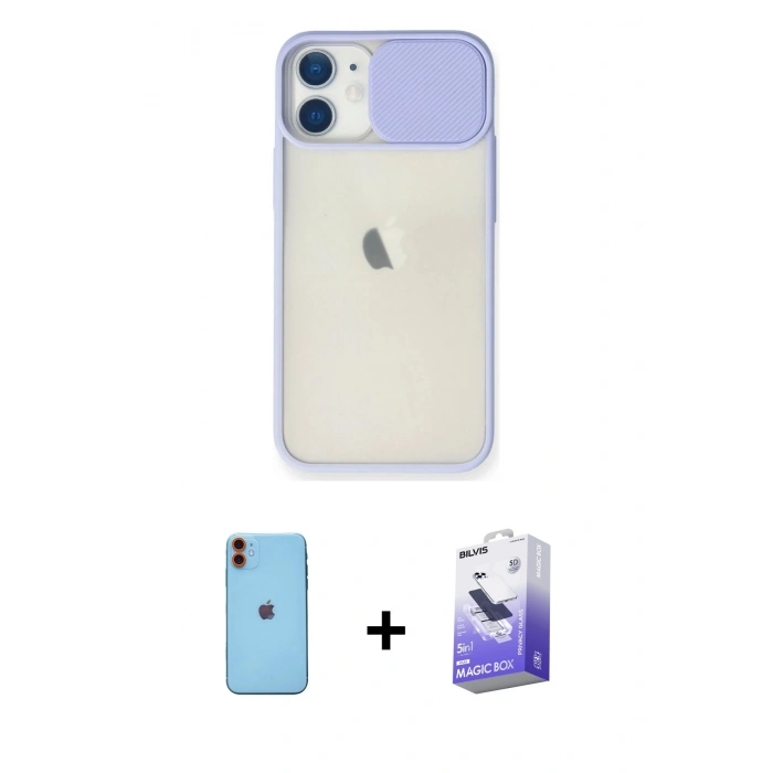 MARSİLYAN™- iPhone 11 Kılıf Vadi Çizgi - Siyah Bilvis 5in1 5D Magic Hayalet Cam Ekran Koruyucu + Turuncu Neon Fosforlu Kamera Lens