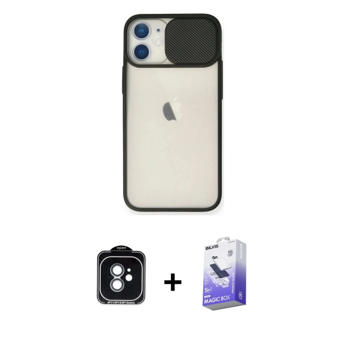 MARSİLYAN™- iPhone 11 Kılıf Vadi Çizgi - Siyah Bilvis 5in1 5D Magic Hayalet Cam Ekran Koruyucu + PVD Metal Kamera Lens - YL