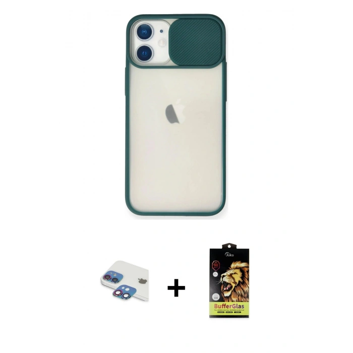 MARSİLYAN™- iPhone 11 Kılıf Vadi Çizgi - Siyah Buffer Cam Ekran Koruyucu + Pers Alüminyum Kamera Lens - GI