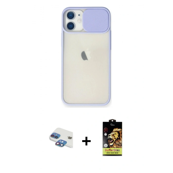 MARSİLYAN™- iPhone 11 Kılıf Vadi Çizgi - Siyah Buffer Cam Ekran Koruyucu + Pers Alüminyum Kamera Lens - GI