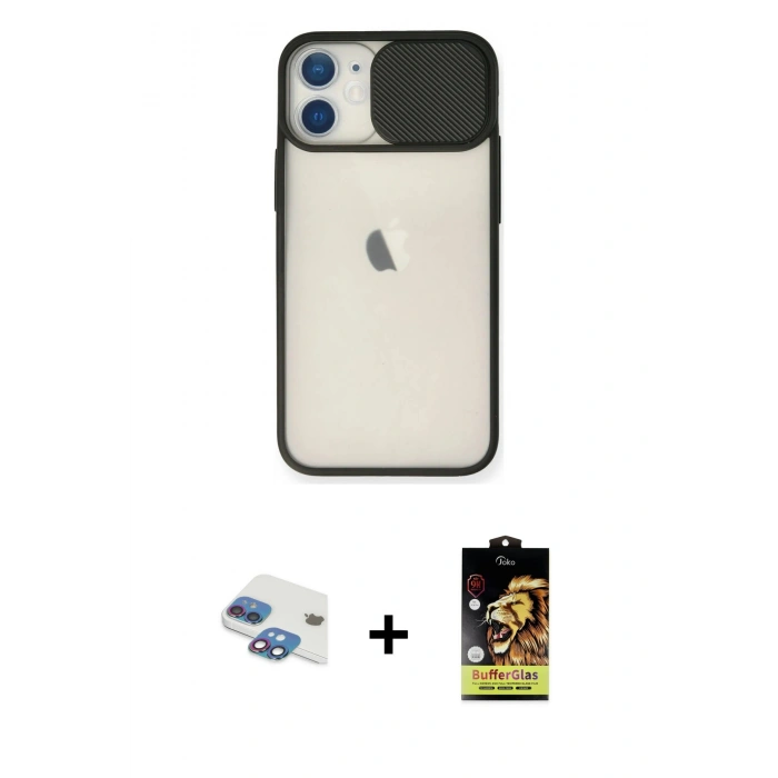 MARSİLYAN™- iPhone 11 Kılıf Vadi Çizgi - Siyah Buffer Cam Ekran Koruyucu + Pers Alüminyum Kamera Lens - GI