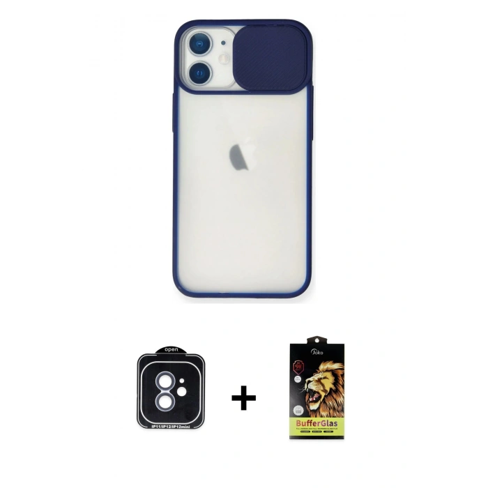 MARSİLYAN™- iPhone 11 Kılıf Vadi Çizgi - Siyah Buffer Cam Ekran Koruyucu + Mavi PVD Metal Kamera Lens