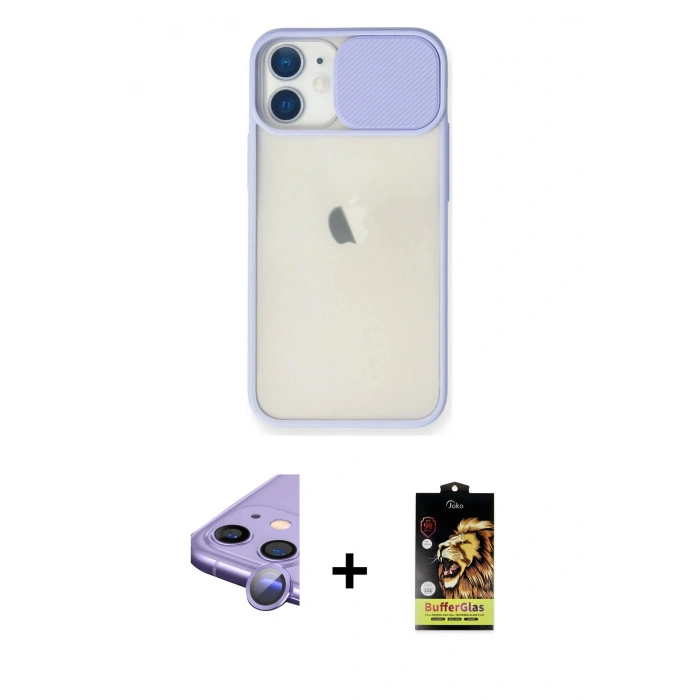 MARSİLYAN™- iPhone 11 Kılıf Vadi Çizgi - Siyah Buffer Cam Ekran Koruyucu + Raze Metal Kamera Lens - MR